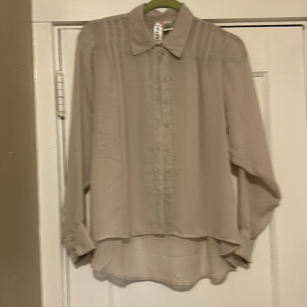 Elegant sheer beige top perfect for pairing over a cami, beautiful detail